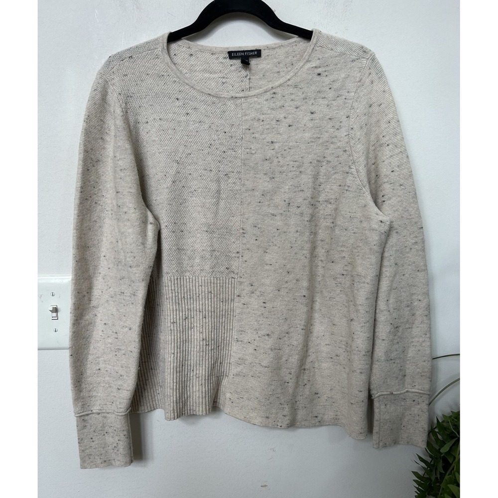 Eileen Fisher Speckled CottonWool Waffle Boxy Sweater L Beige Knit Mixed Stitch